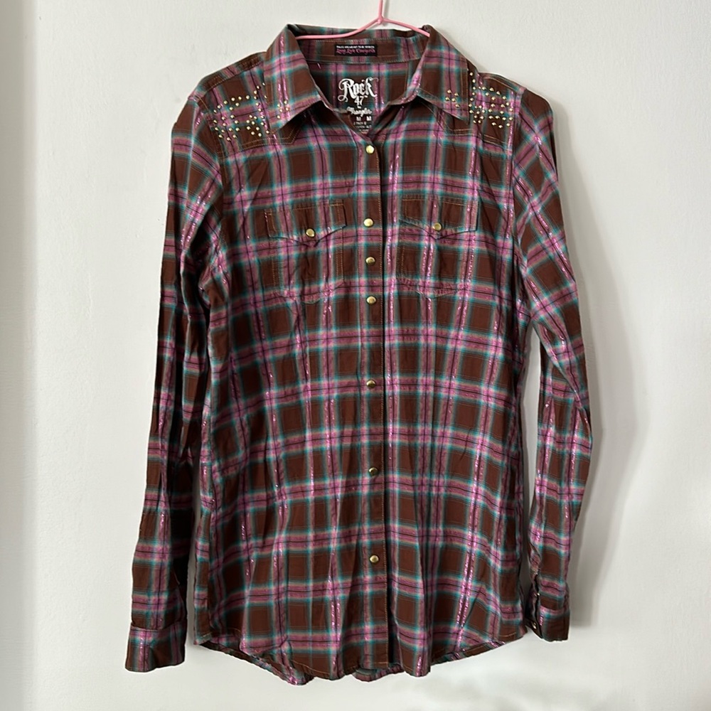 Rock & Republic Brown Plaid Button-Down Shirt with Pink Accent